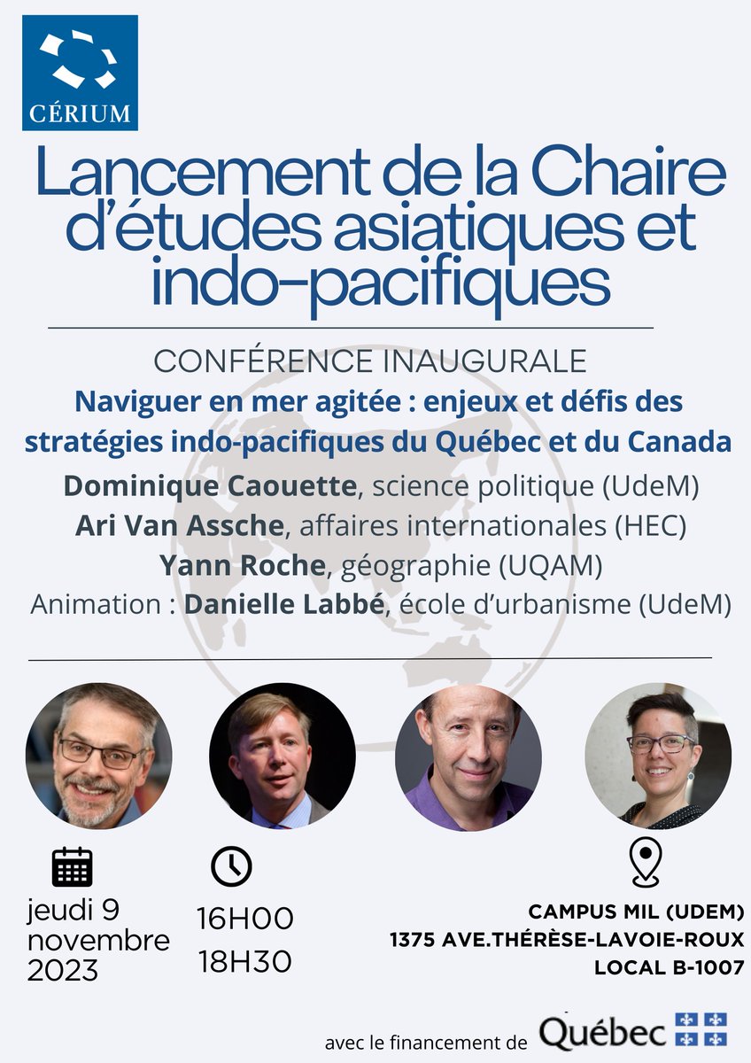 Nous sommes heureux de soutenir le <a href="/CERIUdeM/">CÉRIUM</a> pour le lancement de sa nouvelle Chaire d'études asiatiques et indo-pacifiques! 🌏 Participez à la conférence inaugurale qui sera une occasion de discuter des défis majeurs en #Asie ➡️
eventbrite.ca/e/lancement-de…