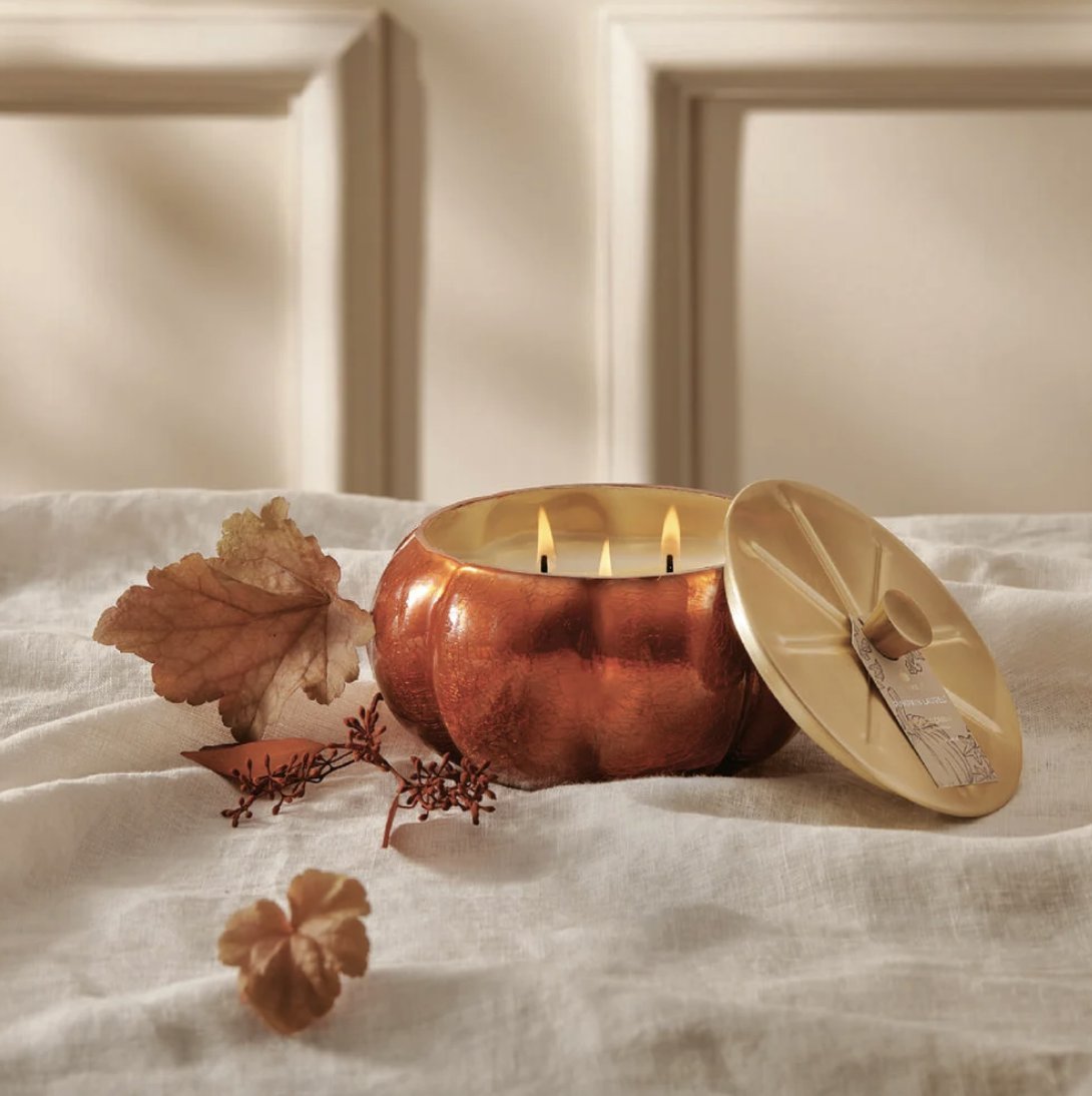 A beautiful home decor statement &amp; wonderful fall fragrance all in one stunning vessel! 
Our Pumpkin Laurel Statement Large Candle is pumpkin-shaped candle that is sure to take your fall decor to another level!