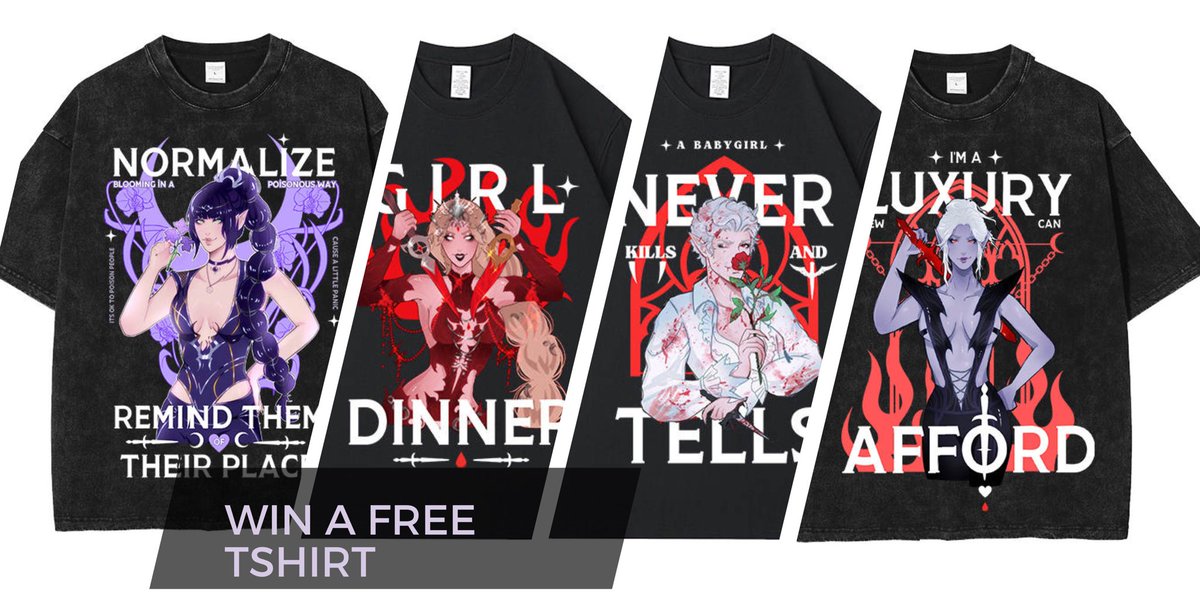 🖤 Giveaway time 🖤

Win a free tshirt with my designs ☺️

To enter: 
Like + RT + Follow
Comment which one you’d like to win ✨

Good luck!