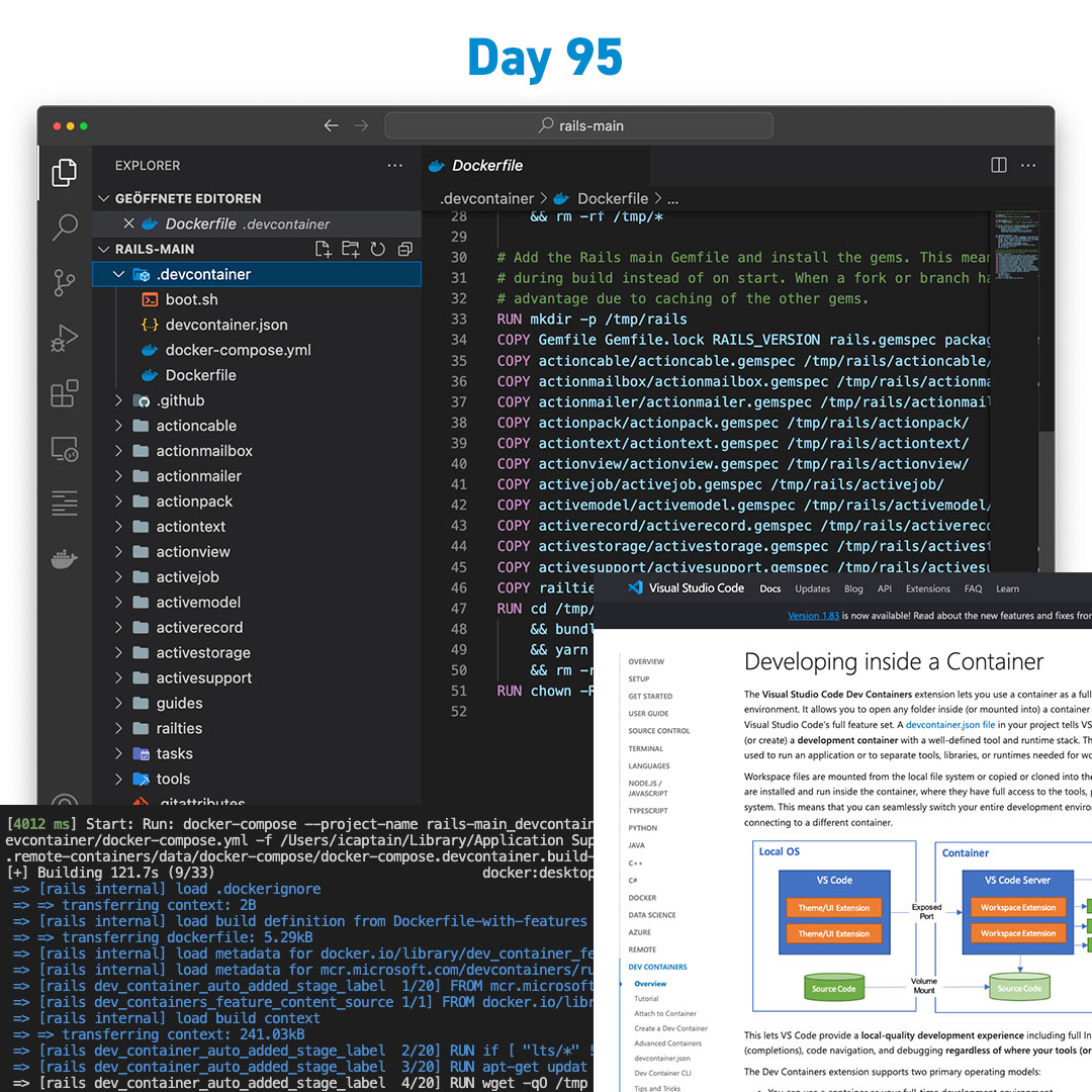 code_206's tweet image. 🌀 Day 95 #100DaysOfCode

Since I &apos;work&apos; with #Kamal, I get more in touch with #Docker 🐳. 

Today was the first time I downloaded the #Rails gem and opened it in VSCode.

A .devcontainer and after just 1 click, a running environment... 

This technology is so mind-blowing 🤯