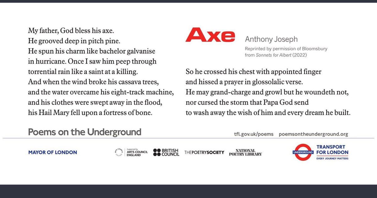 My poem ‘Axe’ from #sonnetsforalbert appearing now, near you, on London Underground trains