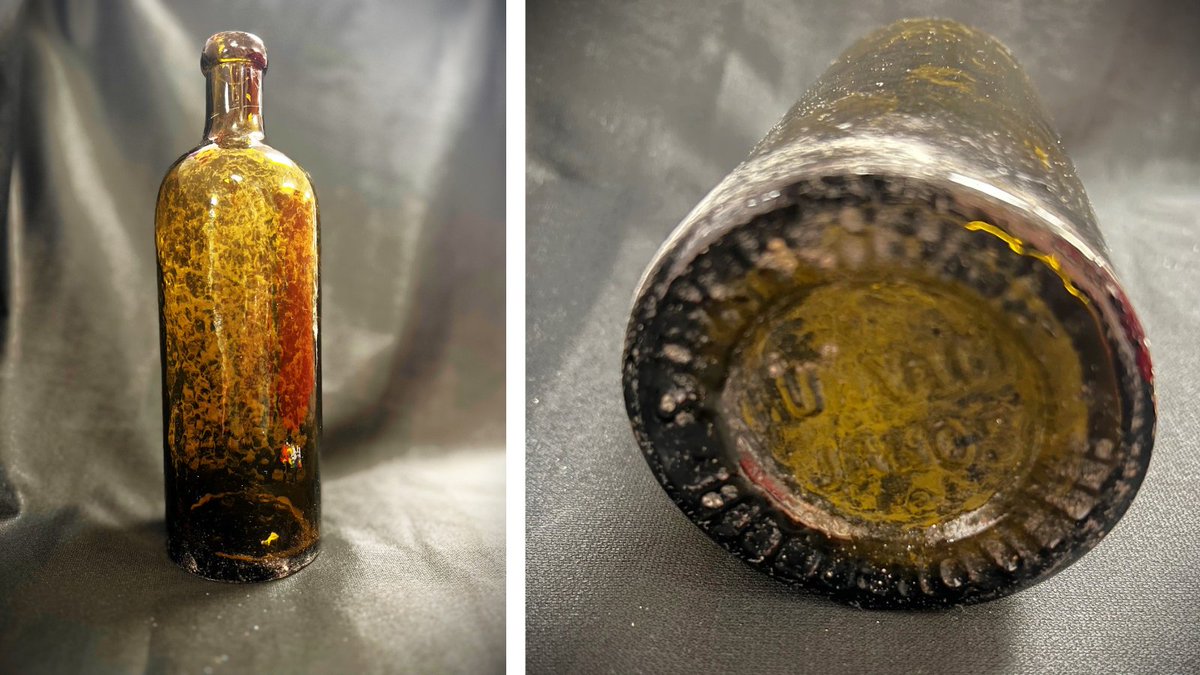 #FindOutFriday Soda water was bottled as early as 1806. Bitterquellebottles, like the one pictured here, are some of the most found in the US. This olive-green Hunyadi Janos bottle has been dated between 1870 and 1900 and has a blob finish made using a post-bottom mold.