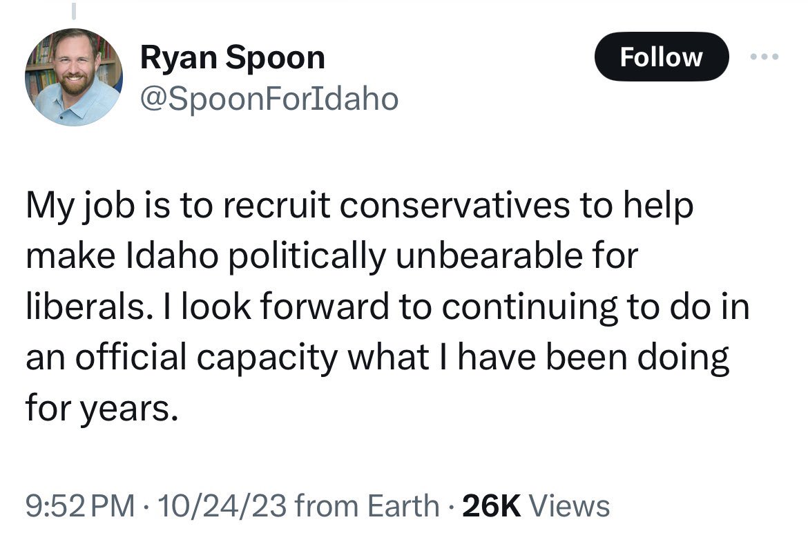 This is the vice chair of the Ada County Republicans. This is also the same guy who flew a banner over Pride this year saying “Repent. The rainbow belongs to God”.

The Republican Party of Idaho has turned into a hate group.