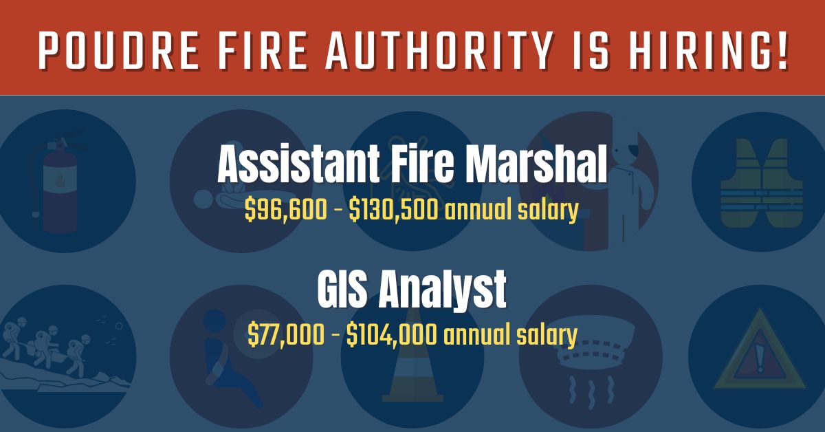 poudrefire's tweet photo. Join the Team!

Poudre Fire Authority is hiring an Assistant Fire Marshal and a GIS Analyst. 

Come work for an accredited, all-hazards fire authority!

Learn more and apply here: https://t.co/V2qrBjkiB4 https://t.co/L5NqEvCjrf