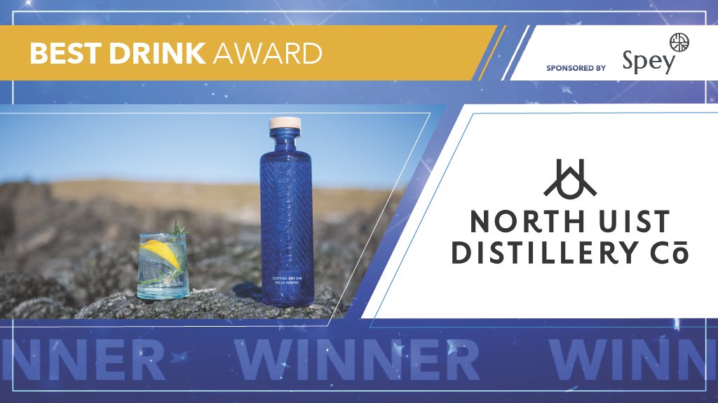 Winner // BEST DRINK AWARD, sponsored by @WeAreSpey – @NorthUistDistil - Downpour Scottish Dry Gin #HIFAD23
