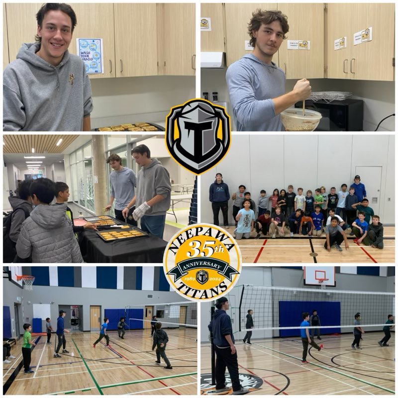 MJHLTitans's tweet photo. This morning Titans Cody Gudnason and Cade Bendtsen helped serve 75 kids breakfast at Neepawa Middle School! 

They also played a little volleyball! 

#TitanUp⚔️ @mjhlhockey https://t.co/CA7hcvOyeb
