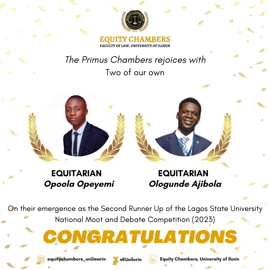 EUnilorin's tweet photo. The Primus, Prominent and Prestigious Chamber felicitates with her very own: Equitarian Opoola Opeyemi and Equitarian Ajibola Ologunde🤗❤️
Thank you for making Equity Chambers proud, we honour and appreciate you. 👏 💯
#equitychambers #Congratulations https://t.co/KLzXTXfFwm