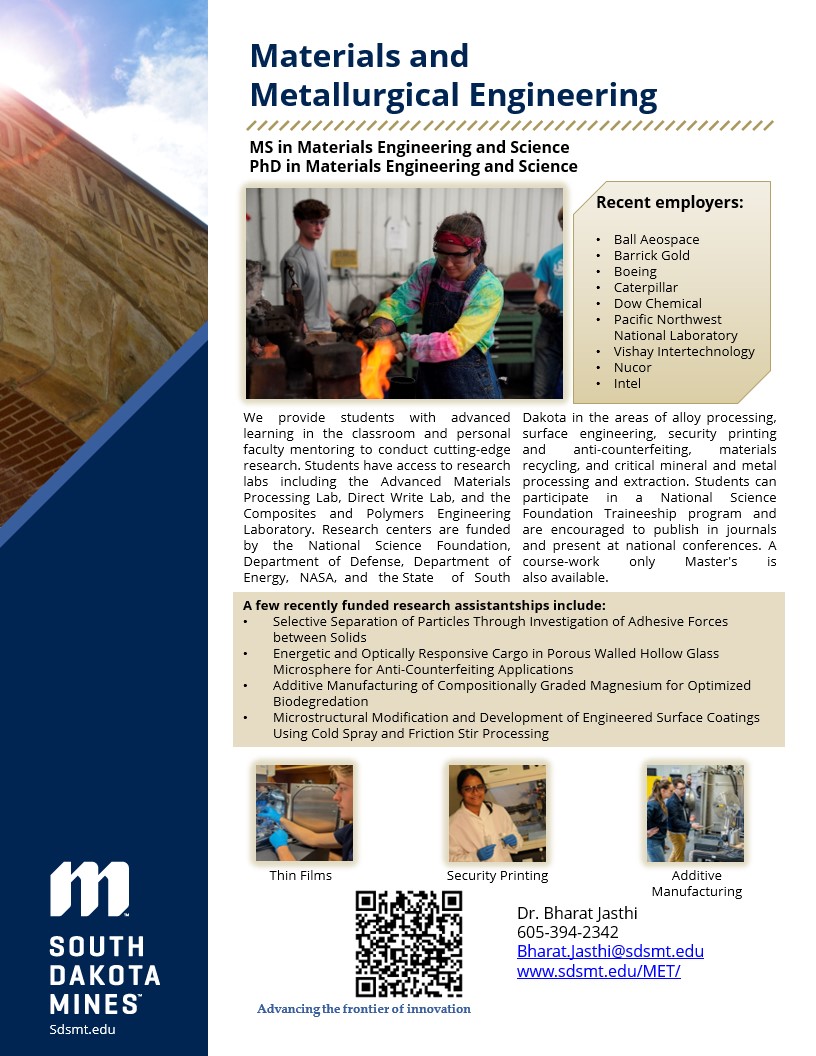SDSMT_GradEdu's tweet image. &quot;Program Feature Friday!&quot; Today we present our Materials and Metallurgical Engineering program. Do you or someone you know have an interest in this program? Please contact Dr. Jasthi.  #SouthDakotaMines  #graduateeducation #materialsengineering #metallurgicalengineering