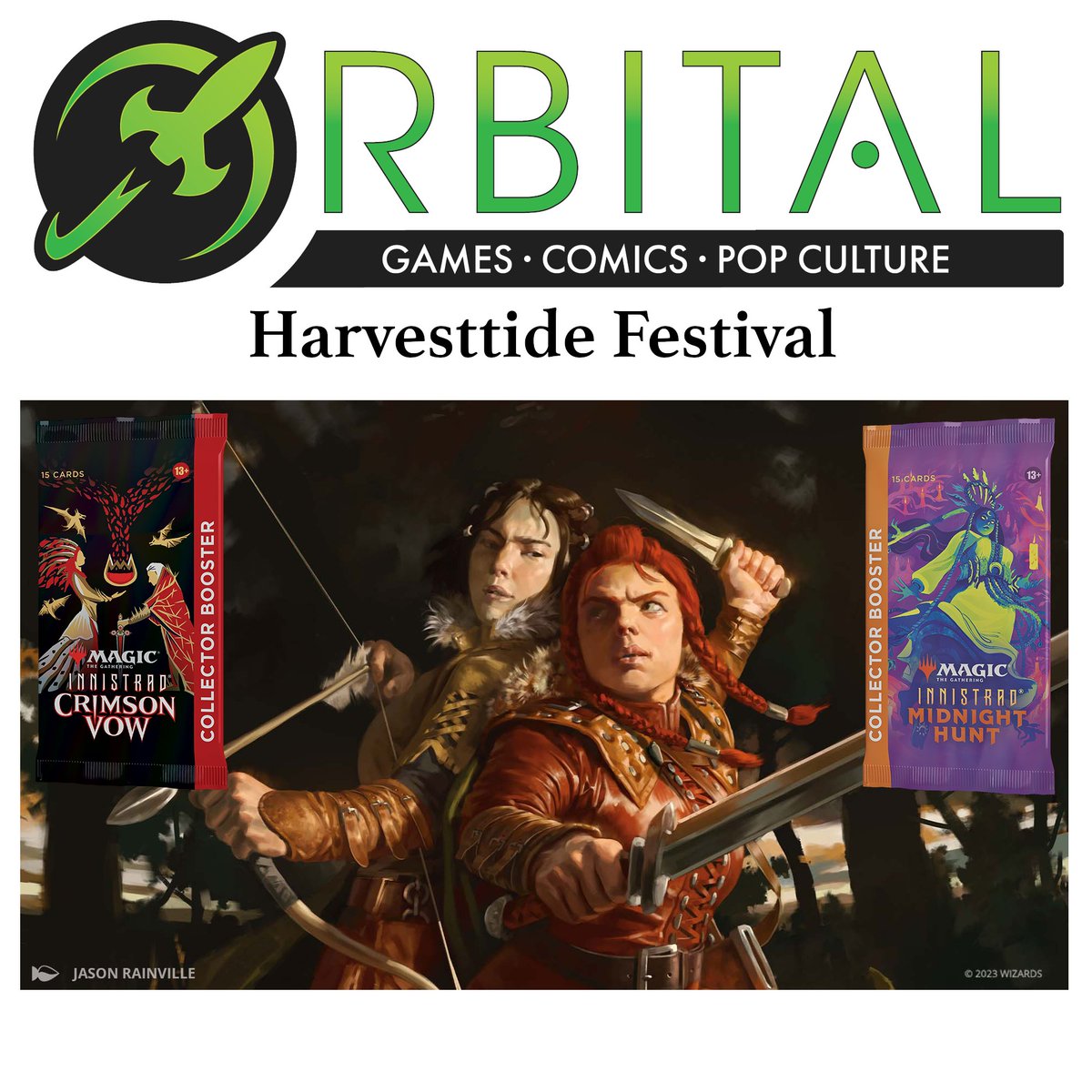 Tonight at 5:00PM is the Magic: The Gathering Harvesttide Festival at Orbital Games and Comics! The Harvesttide Festival is a Two-Headed Giant event of Innistrad: Midnight Hunt and Innistrad: Crimson Vow.

Come play!