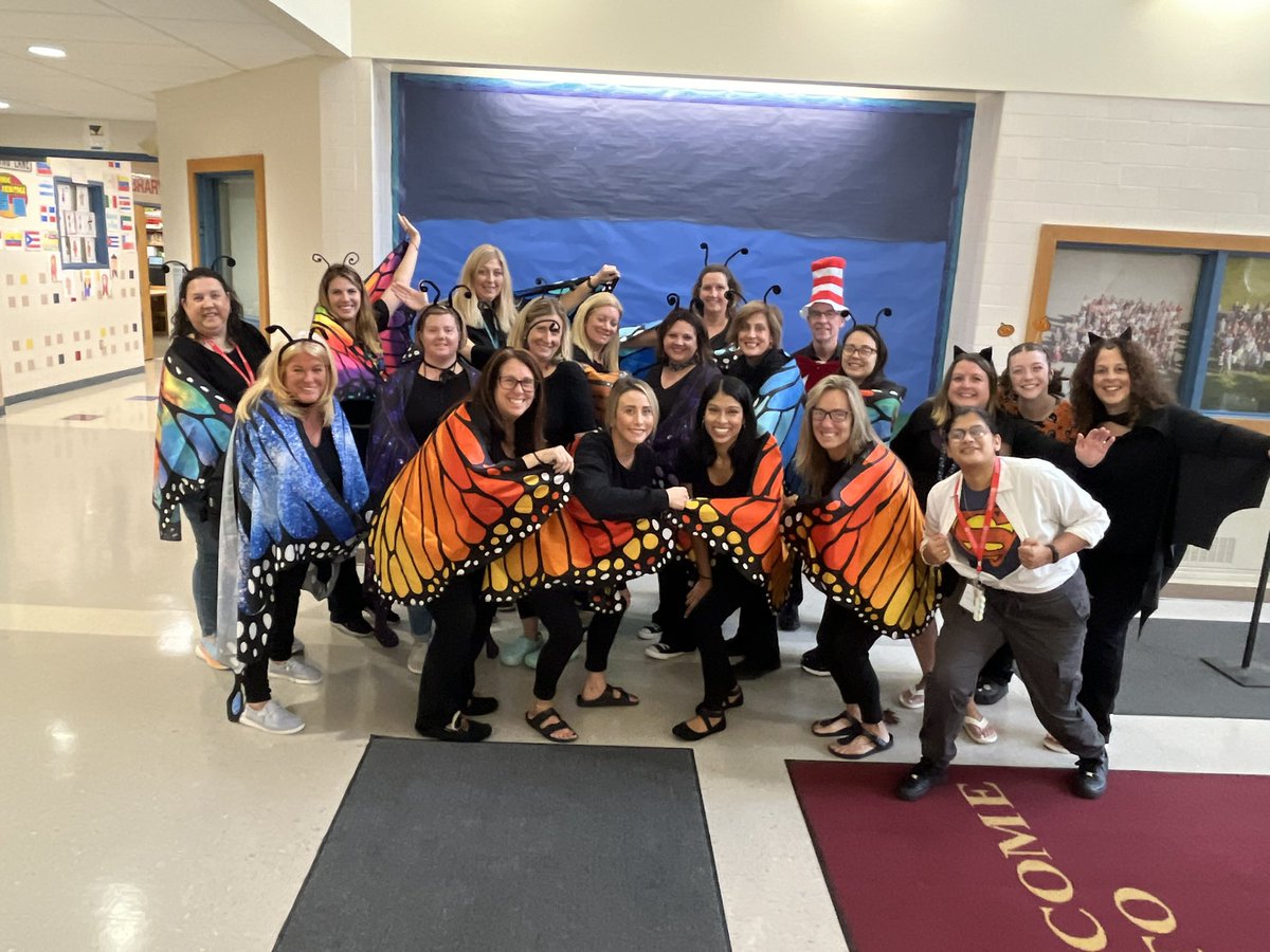 Calypso1stGrade's tweet photo. Calypso teachers rocking their costumes today for Halloween. What a lovely bunch of butterflies, bats, and the Cat in the Hat with Superman?! @CalypsoPTC @CalypsoES @BethlehemAreaSD @basdjacksilva https://t.co/llBZG1vfVZ