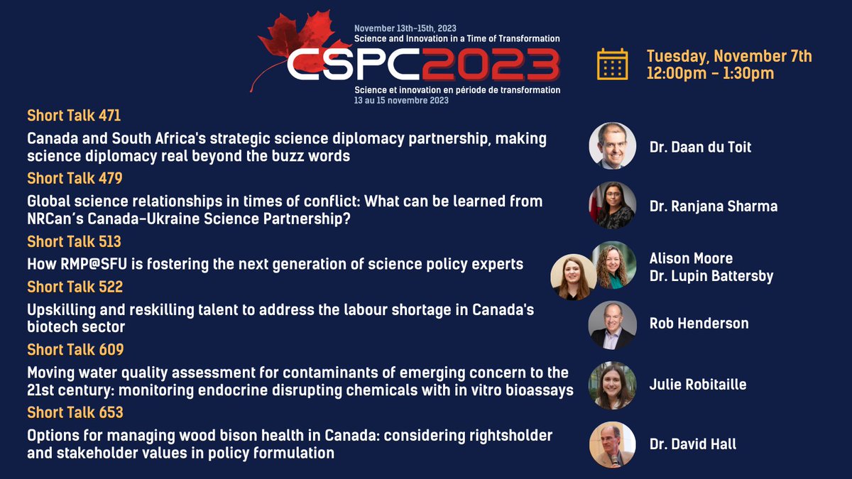 Inscrivez-vous pour assister aux exposés succincts préliminaires les 6 et 7 novembre au #CPSC2023 ! 💡

Avec la participation de : <a href="/daandutoit/">Daan du Toit</a> <a href="/asek47/">Dr Allison Sekuler 🧠 👁🥁🇨🇦</a> <a href="/JKliever/">Jenny Kliever</a> <a href="/nika_shakiba/">Nika Shakiba</a> <a href="/lupinrain/">Lupin Battersby</a>... et plus ! 👏

Pour en savoir plus : CSPC2023.CA

#politiquescientifique