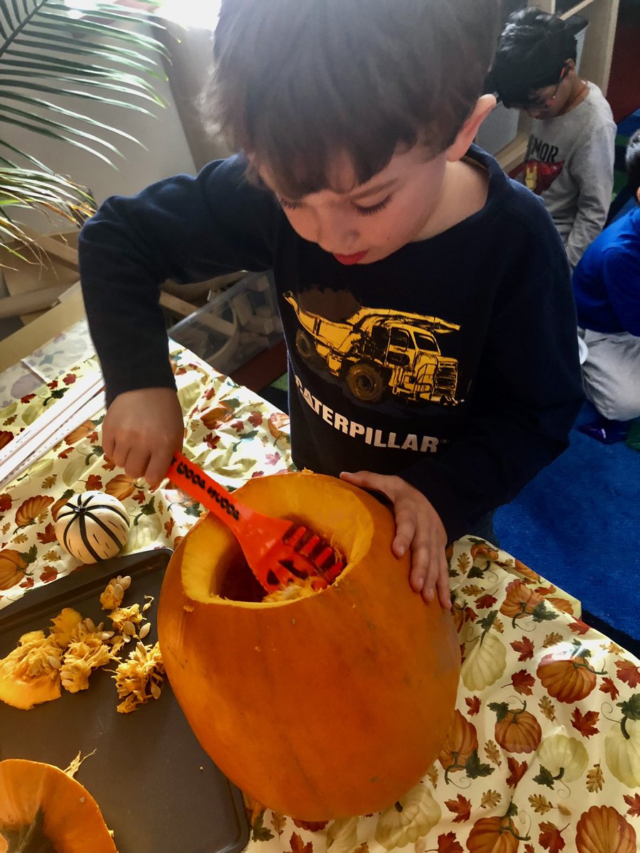 The children enjoyed scooping the insides of the pumpkin! This was a fun, sensory experience! We learned some new vocabulary words such as seed, gourd, and pulp.  The children engaged in hands-on learning and experimentation with this Halloween activity.🎃🖤🎃🖤
<a href="/BernadetteOCSB/">St Bernadette OCSB</a>