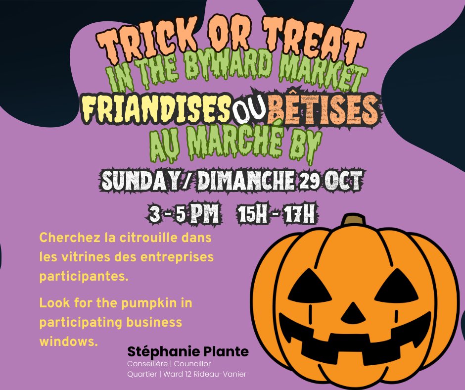 Venez faire du porte à porte avec nos petites entreprises au Marché by !

La rue York sera fermée aux voitures et ouverte à la chasse aux bonbons entre la rue Dalhousie et la rue ByWard Market Square. Nous avons prévu de nombreuses activités amusantes !