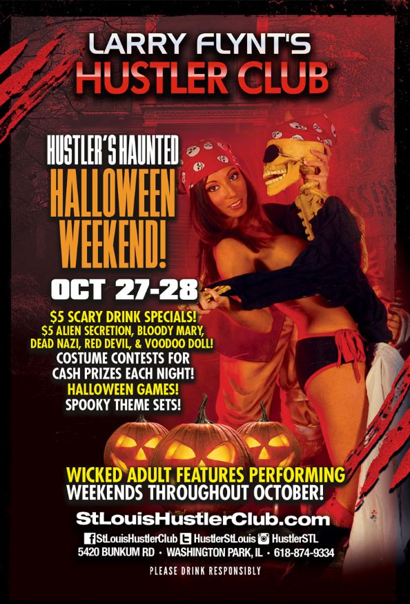 Hustler's Haunted Halloween Weekend kicks off tonight featuring @iheartangelbeau on stage! $5 themed drinks! Costume Contest nightly! Games! And more! Please drink responsibly. . . . #HustlerStLouis #WeekendParty #TheOnlyChoice #Gentlemensclub #Halloween