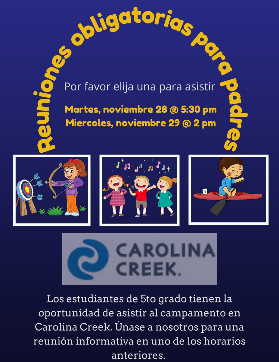 Attention 5th-grade parents!! Carolina Creek information meetings are coming up! Please plan to attend one. #ncisd #PES_Eagles