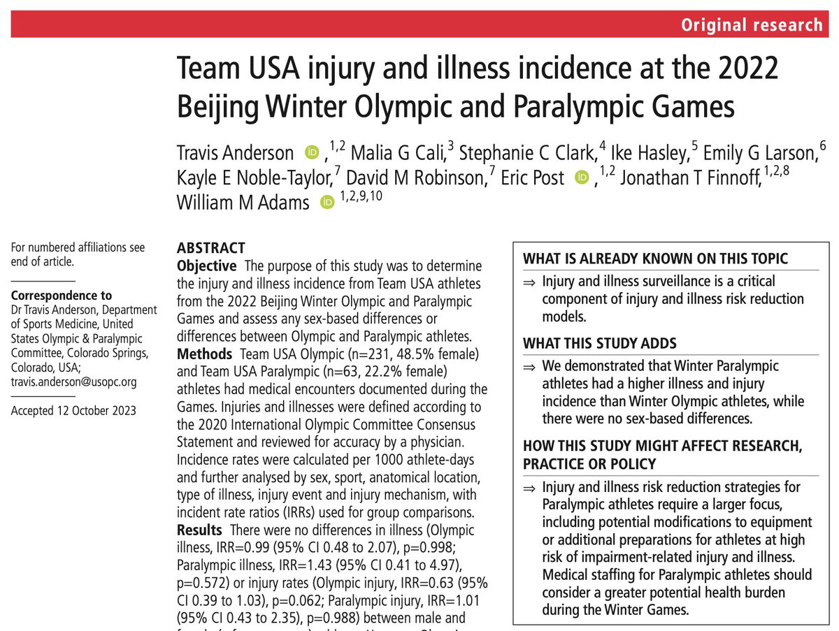 Our new paper on #injuries and #illnesses among <a href="/TeamUSA/">Team USA</a> athletes competing in the Beijing #Olympic and #Paralympic Games is now published online in <a href="/BJSM_BMJ/">British Journal of Sports Medicine (BJSM)</a>. 

Link to the full text can be found here: tinyurl.com/mpmnntjm