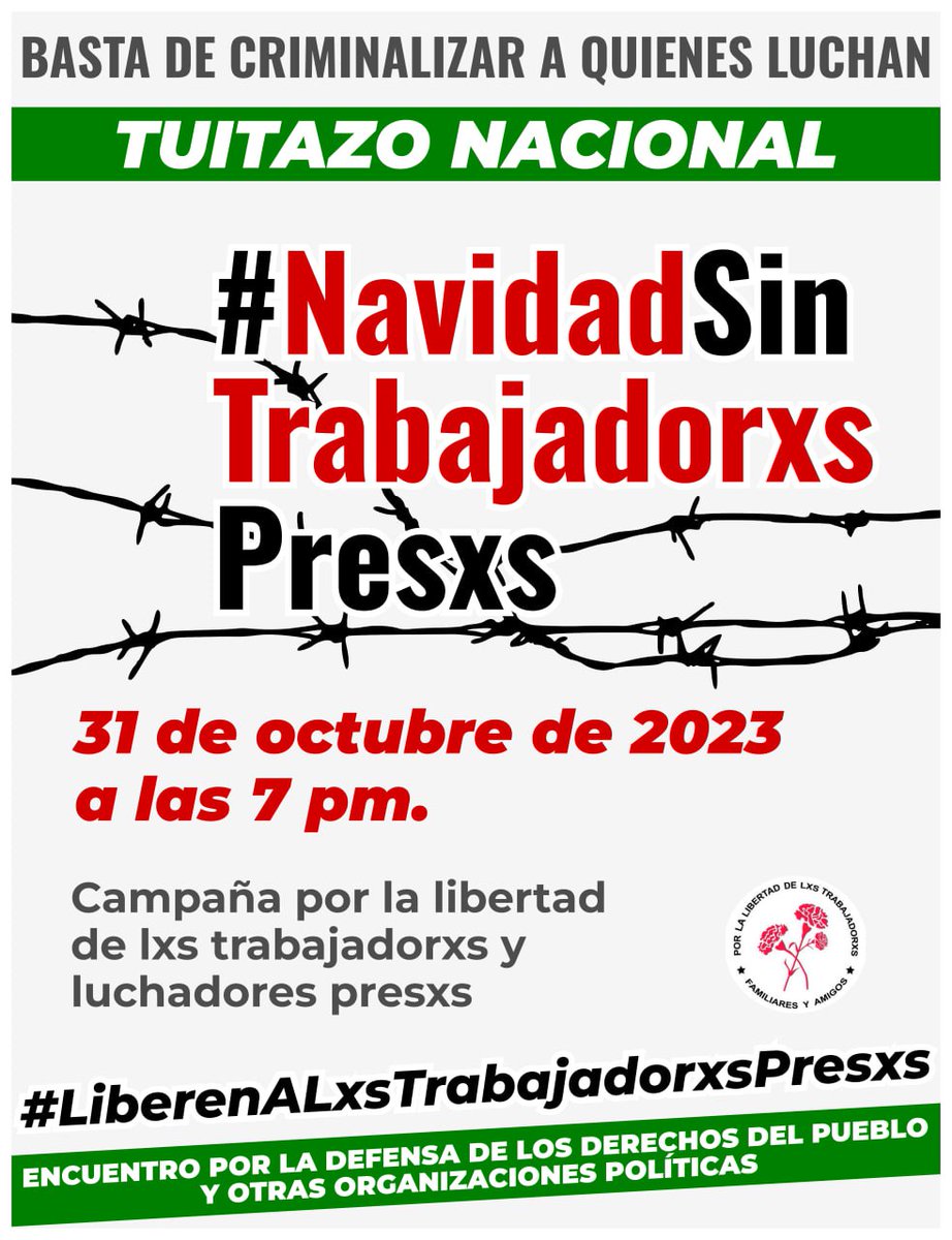 ❎Protesta digital ❎

Martes 31/10

7:00 PM

No puede haber Navidad con trabajadores presos 

#NavidadSinTrabajadorxsPresxs

#LiberenALxsTrabajadorxsPresxs