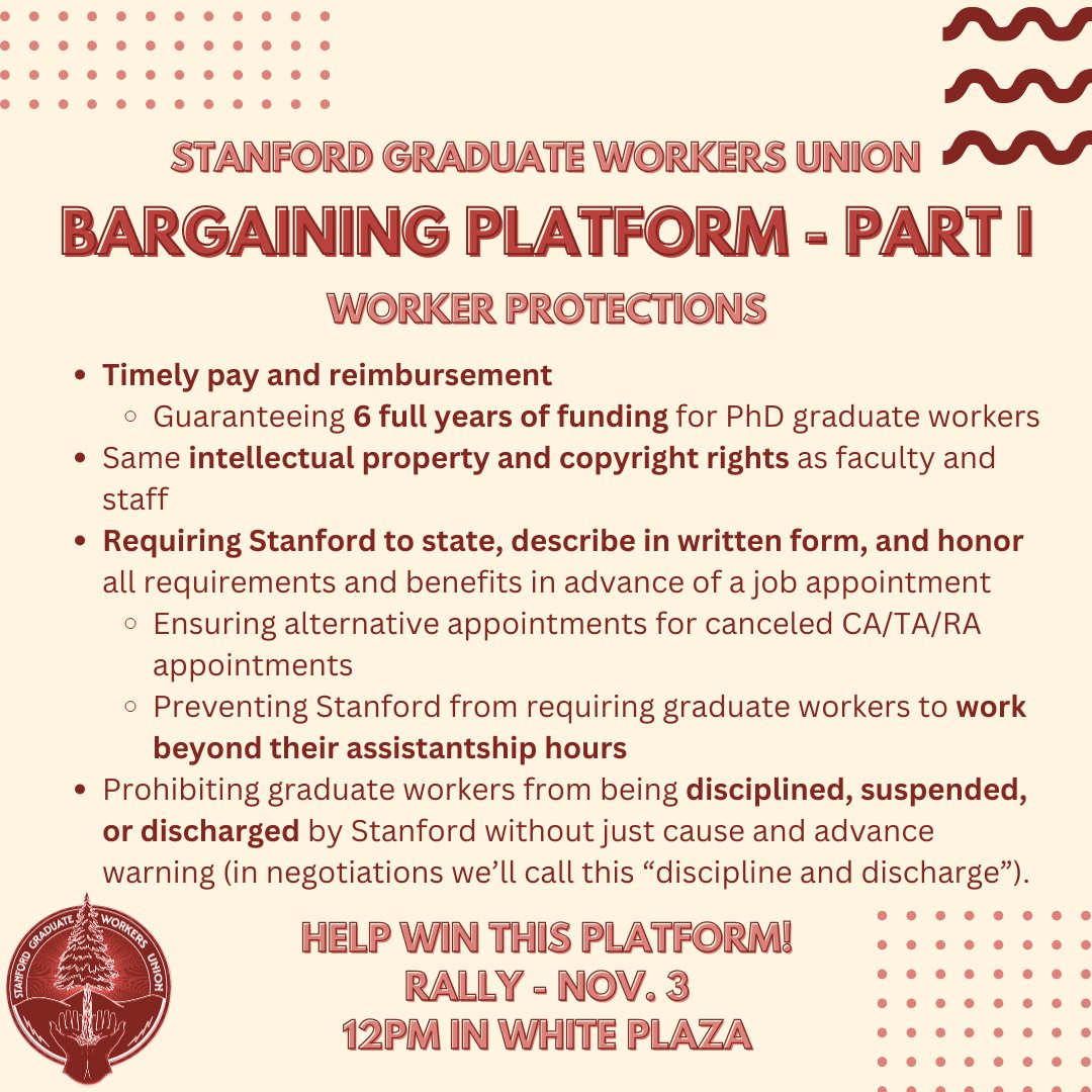 StanfordGWU's tweet photo. We're ready to start bargaining with Stanford! Check out the first part of our platform in this post (and in a comment, because Twitter only allows 4 images at once 🫠) #StanfordGWU #HotLaborFall https://t.co/c1pSTqmchL