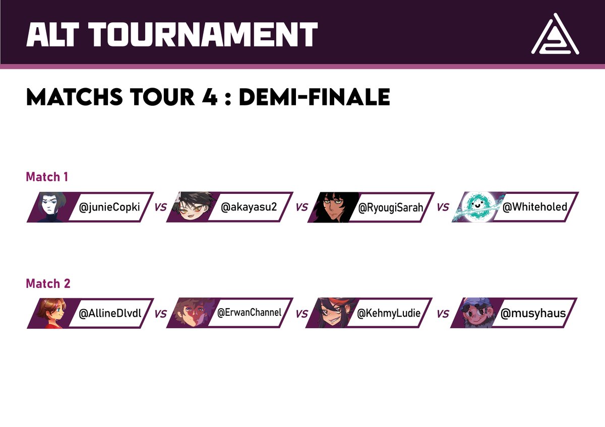 AltTournament's tweet image. ===== ‼️MATCHS TOUR 4📷  ====== 

Très chers participants, c'est l'heure ! Voilà vos matchs !