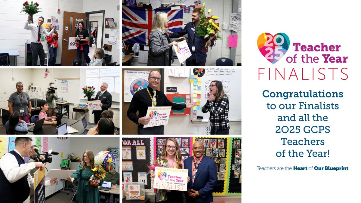 Congratulations to these extraordinary educators who were surprised with the news that they were among the six finalists for the district’s 2025 Teacher of the Year (TOTY) title! Learn more about the #GCPSTOTY2025 finalists here: gcpsk12.org/Page/37642