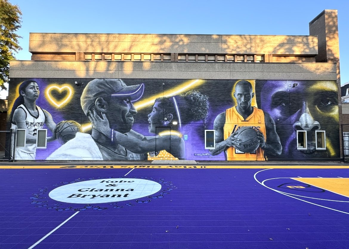 Brand new Kobe & Gianna Bryant mural and basketball court in Boston. 💜💛 At Boys & Girls Club of Roxbury (115 Warren St) by andaluztheartist