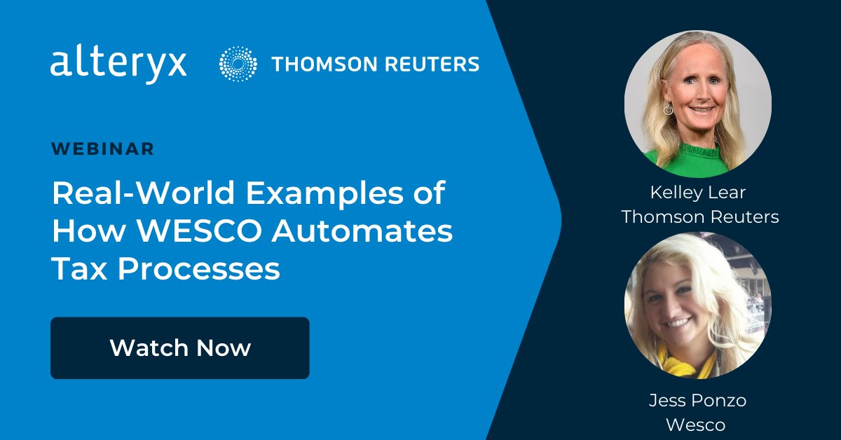 Is your in-house tax team navigating complex #TaxData, changing regulations, and compliance requirements? Learn how <a href="/WESCOCorp/">Wesco</a> leverages <a href="/thomsonreuters/">Thomson Reuters</a> and #Alteryx to grow despite complexity, and how you can, too. 

Watch on-demand: ow.ly/ciQH50PZOpj

#analytics #dataprep