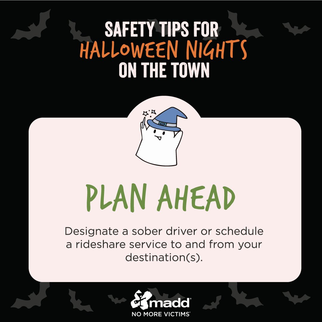 MADDNational's tweet photo. 🎃 Halloween is one of the scariest days on the road, with nearly half of fatal crashes caused by impaired driving. Share MADD’s Halloween safety tips and help keep your loved ones safe this #Halloweekend. https://t.co/es5RFpdk4z #NoMoreVictims #GetMADD https://t.co/A6qBH2d0q7