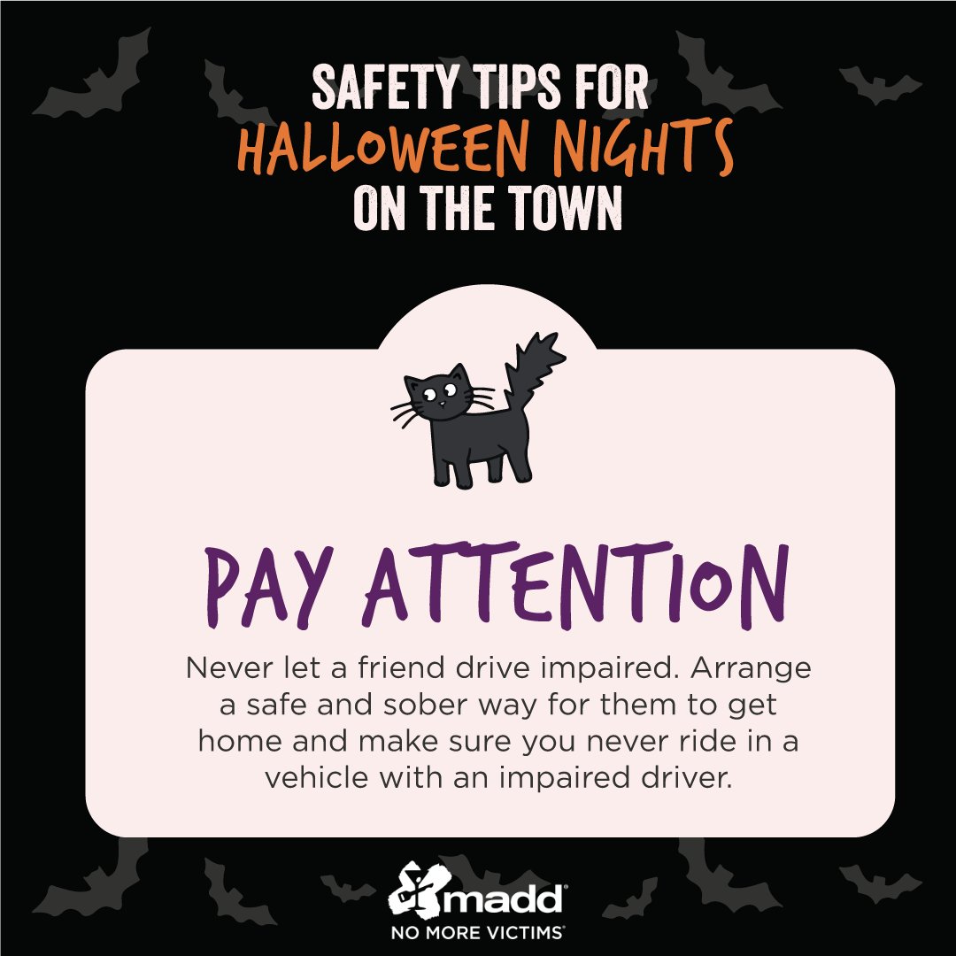 MADDNational's tweet photo. 🎃 Halloween is one of the scariest days on the road, with nearly half of fatal crashes caused by impaired driving. Share MADD’s Halloween safety tips and help keep your loved ones safe this #Halloweekend. https://t.co/es5RFpdk4z #NoMoreVictims #GetMADD https://t.co/A6qBH2d0q7