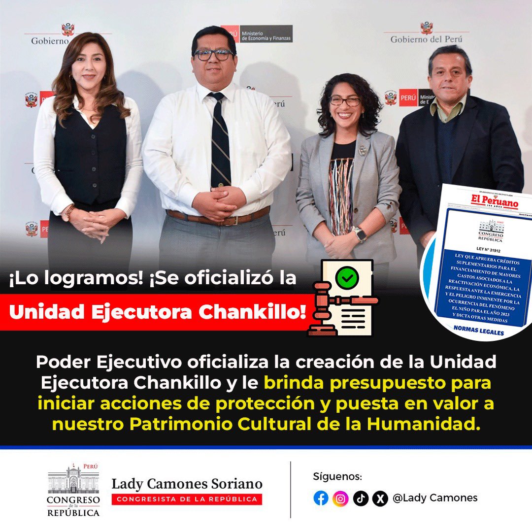 LadyCamones's tweet photo. ¡Lo logramos! Se crea la Unidad Ejecutora #Chankillo a través de la Ley de Créditos Suplementarios publicada en el @DiarioElPeruano. Con los recursos asignados se pondrá en valor nuestro Patrimonio Cultural de la Humanidad. Esperamos la inmediata implementación del @MinCulturaPe. https://t.co/sQKOdZEvQQ