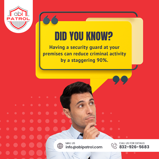AbiPatrol's tweet photo. #Didyouknow that #securityguards are the ultimate deterrent against criminal activity? 

With their presence, you can enjoy a 90% reduction in criminal activity. Keep your surroundings safe with professional #securityservices from #ABIPatrol.

#securityfacts #staysafe  #fact https://t.co/livdNpXgLA