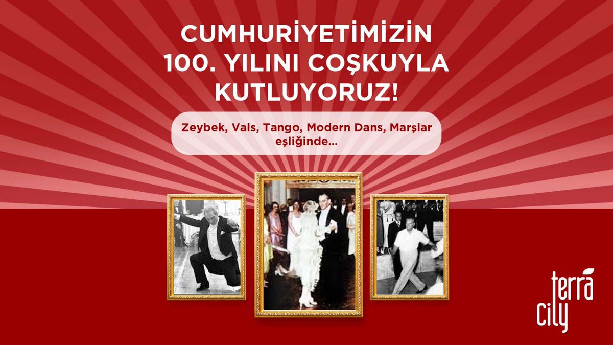 Cumhuriyetimizin 100. Yılını Coşkuyla Kutluyoruz! 🇹🇷 

Zeybek, Vals, Tango, Modern Dans, Marşlar eşliğinde… 

Tüm ziyaretçilerimizi bekleriz.

🗓️: 29 Ekim
⏰: Etkinlik Seansları 13.00 - 14.00 - 15.00 - 16.00 - 17.00

#TerraCity #29Ekim #CumhuriyetBayramı