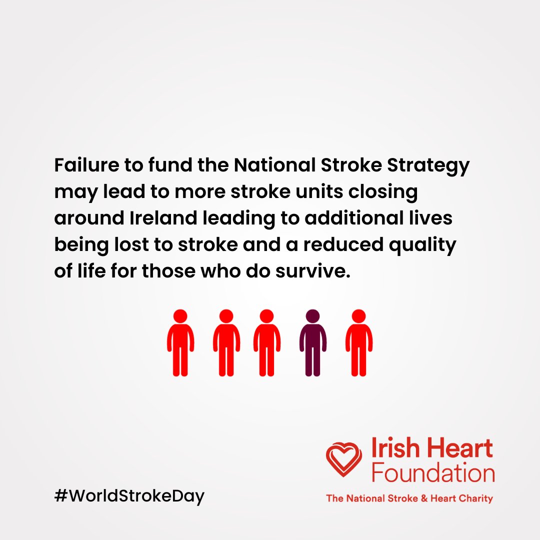 A failure on the Government's part to fund the National Stroke Strategy as promised, may lead to more stroke units closing around Ireland, meaning additional lives being lost to #stroke and a reduced quality of life for stroke survivors.

#StandForStroke #WorldStrokeDay