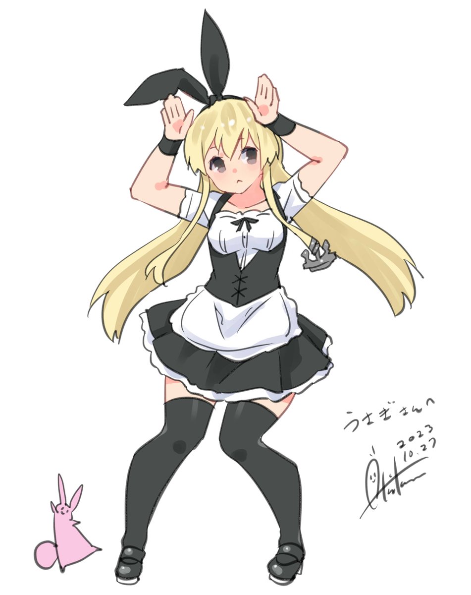 shimakaze (kancolle) 1girl blonde hair long hair thighhighs apron white background solo  illustration images