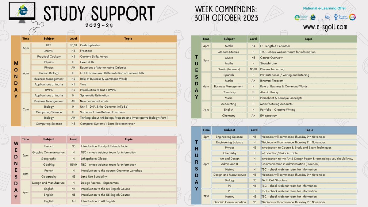 LIVE STUDY SUPPORT WEBINARS start Monday 30th October 
🔴Not signed up yet? e-sgoil.com/senior-phase/s…
🟠Signed up but haven't used the programme before?🟢Timetable below showing which topics will be covered next week.check out the 4 steps below to access the webinars 
#NeLO