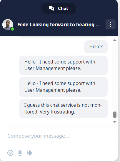 JayGarrowe's tweet photo. @storyblok is your livechat support broken or just incredibly slow? 
I don't know if I'm stuck in an old session or Fede just doesn't like me but there's no acknowledgement and I'm getting pretty tired watching the page. https://t.co/UDMjCOe6Ty