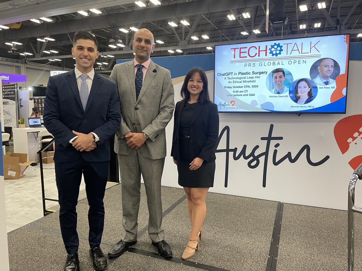 PRSGlobalOpen's tweet photo. #PRSGlobalOpen #TechTalk LIVE lecture STARTS now!

"ChatGPT In Plastic Surgery: A Technological Leap into An Ethical Minefield.”

Read the paper!https://t.co/z5jeoJ0fMt

#pstm23 @DukeMedSchool @ashpatelmd @NicholasOleckMD @mirandaxmorris https://t.co/QyZ7xK7U3T
