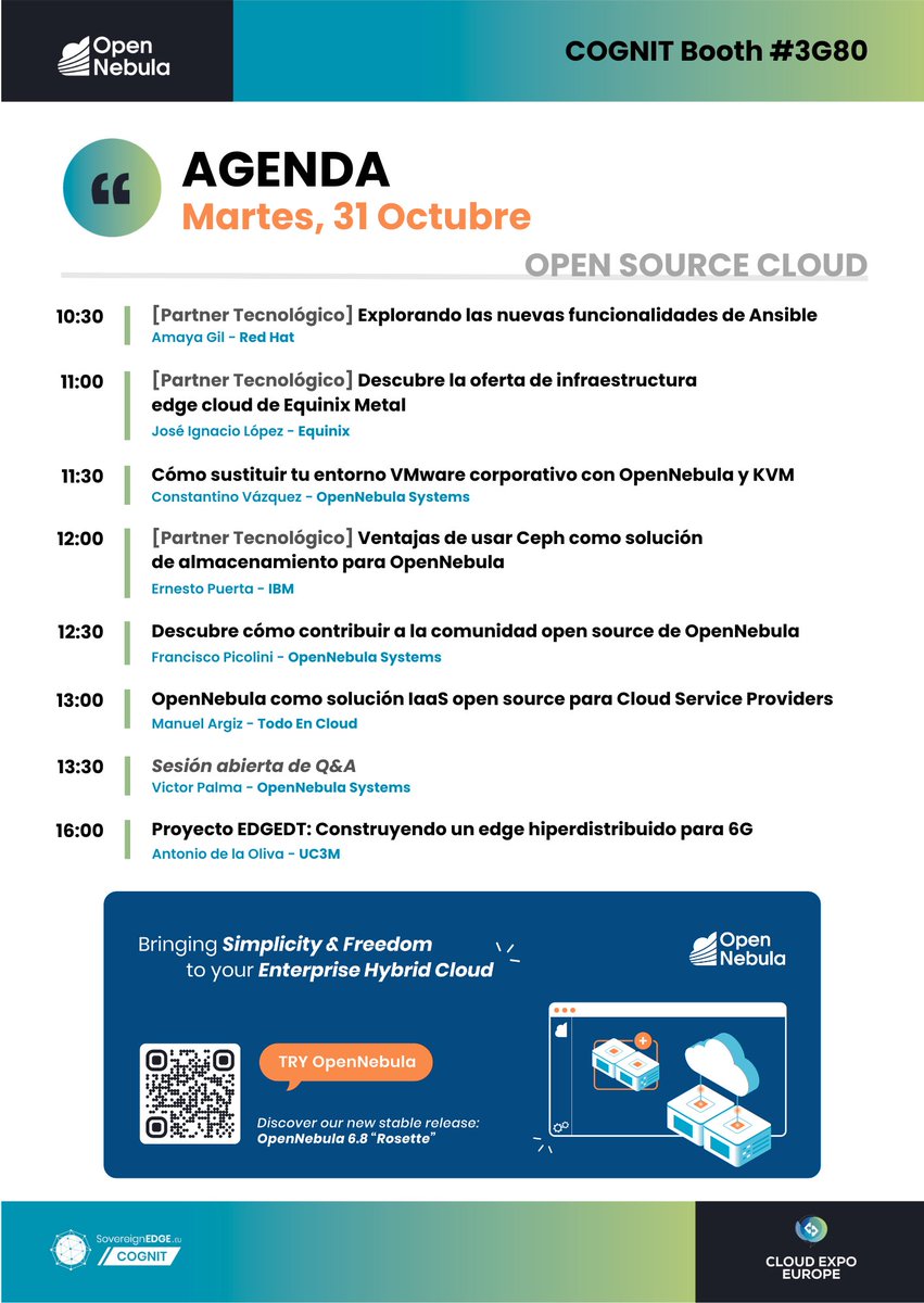 opennebula's tweet photo. Cloud Expo Europe Madrid 2023 is just around the corner! We have curated a dynamic lineup of talks and live demos across these two days. Drop by our booth and see the #innovation in action! 🚀 Learn all about it here ➡️ https://t.co/ag9IbIgSan #COGNITproject #CEEMadrid #MTS https://t.co/pm0pc4IhO9