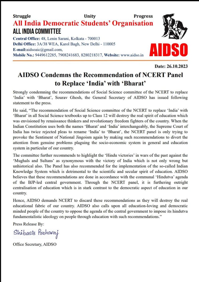 AIDSO condemns the recommendation of NCERT Panel to replace 'India' with 'Bharat'