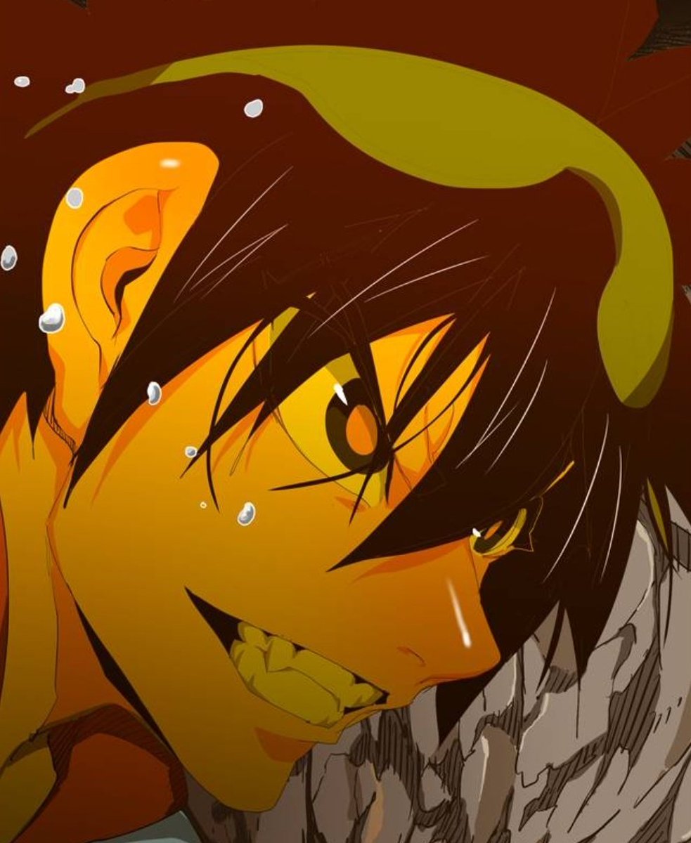 HolopsiconHell's tweet photo. Mori smiled wildly and clenched his fists. 

"I have a good day. I'll let you to attack me first. Show me what you are made of, mister double voice!" https://t.co/JIooDrNQJF