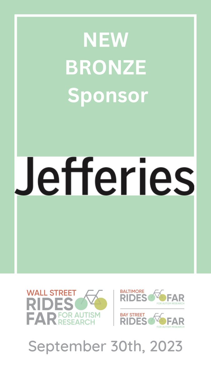 Join us in giving a huge thank you to #RidesFAR bronze sponsor, #Jefferies ! Thank you for joining in the @AutismScienceFd mission to fund autism research that ensures those with autism lead fulfilling lives with dignity. See you in 2024!