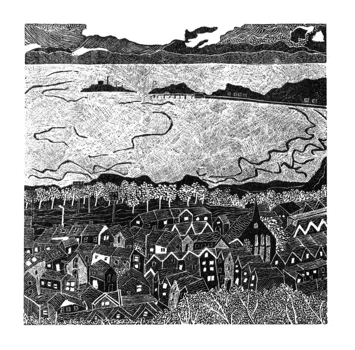 Here is my third Swansea engraving in a series. I went up to Townhill and drew Mumbles across the bay. Still love cutting these tiny terraced houses!
Available from my website.
sallyhands.co.uk 
#woodengraving #printmaking  #mumbles #swansea