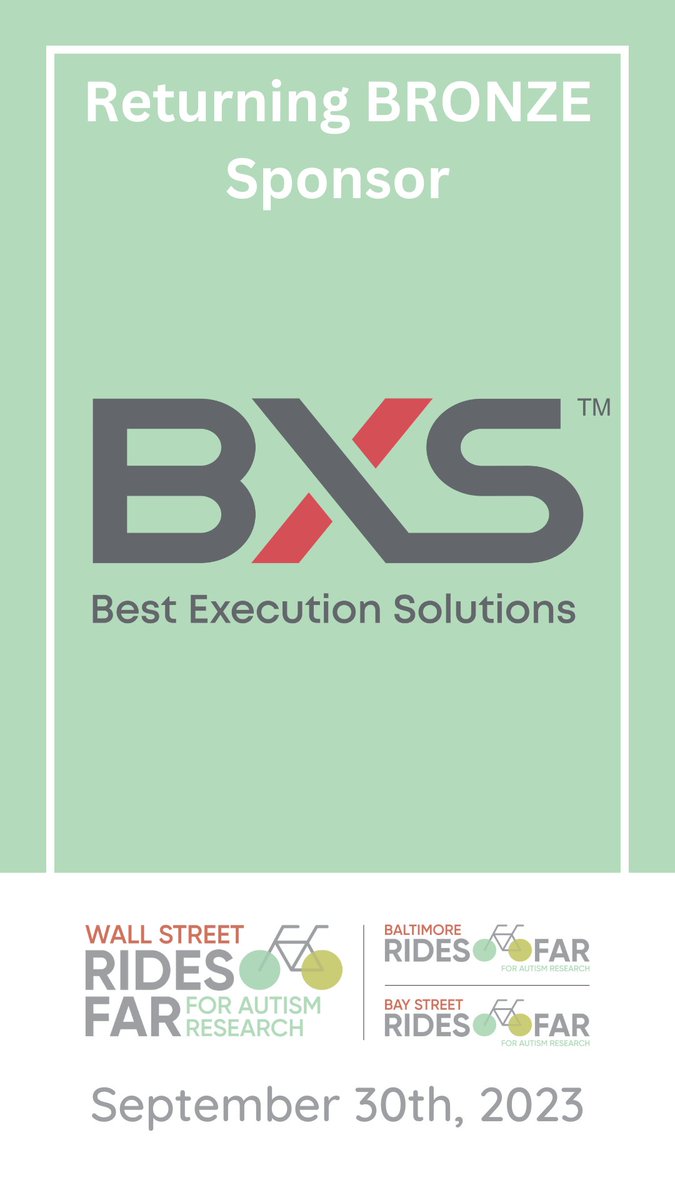 Join us in giving a huge thank you to #RidesFAR bronze sponsor, #BXS (Best Execution Solutions) ! Thank you for joining in the @AutismScienceFd mission to fund autism research that ensures those with autism lead fulfilling lives with dignity. See you in 2024!