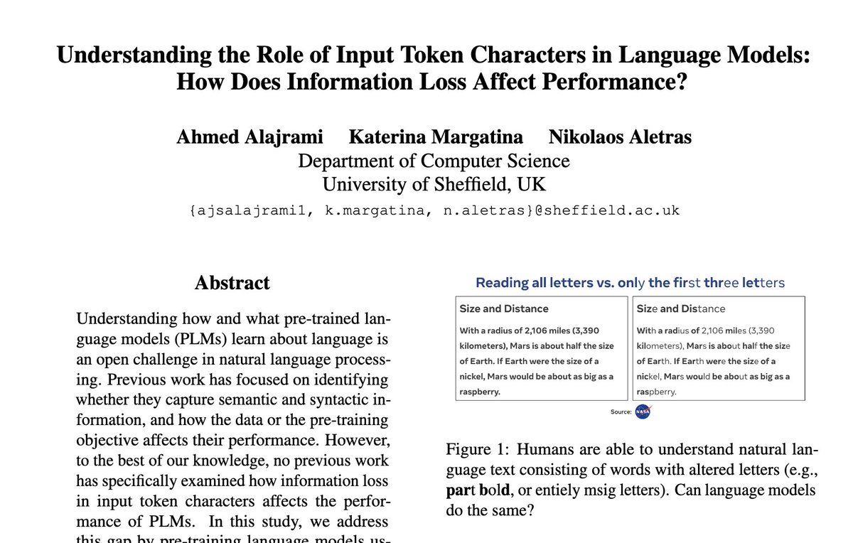 Can you pre-train LMs under extreme settings, e.g. only using small subsets of characters from individual tokens instead of full tokens? Check out our new paper w/ Ahmed @aajrami and Katerina @katemargatina, to appear at #EMNLP2023 📰: arxiv.org/pdf/2310.17271…