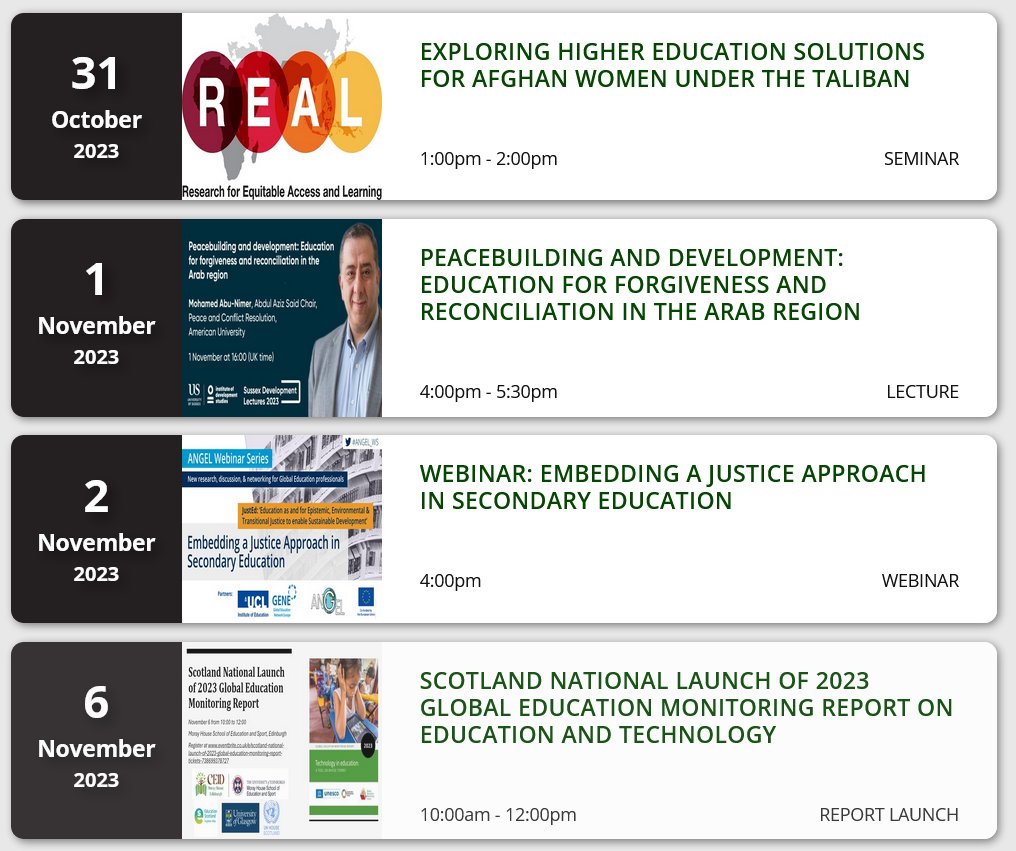 UKFIET (@ukfiet) on Twitter photo So many great Events just over the coming week:
*#HigherEducation solutions for women in #Afghanistan <a href="/REAL_Centre/">REALCentre Cambridge</a>
*Peacebuilding & education in Arab region <a href="/IDS_UK/">Institute of Development Studies</a>
*Justice approach in secondary education <a href="/angelnetworknet/">ANGEL Network</a>
*Scotland launch of <a href="/GEMReport/">Global Education Monitoring Report UNESCO</a>
ukfiet.org/news-and-event… So many great Events just over the coming week:
*#HigherEducation solutions for women in #Afghanistan <a href="/REAL_Centre/">REALCentre Cambridge</a>
*Peacebuilding & education in Arab region <a href="/IDS_UK/">Institute of Development Studies</a>
*Justice approach in secondary education <a href="/angelnetworknet/">ANGEL Network</a>
*Scotland launch of <a href="/GEMReport/">Global Education Monitoring Report UNESCO</a>
ukfiet.org/news-and-event…