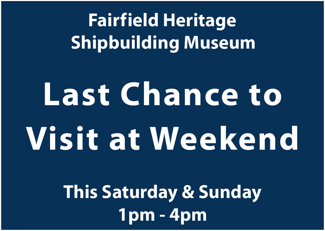 Last chance to visit Fairfield Heritage at the weekend, this Saturday and Sunday, 1pm-4pm.
From Monday 30th October we will be open 5 days, Monday - Friday, 1pm-4pm.

#thingstodoinglasgow #visitglasgow #clydebuilt #museum #govan