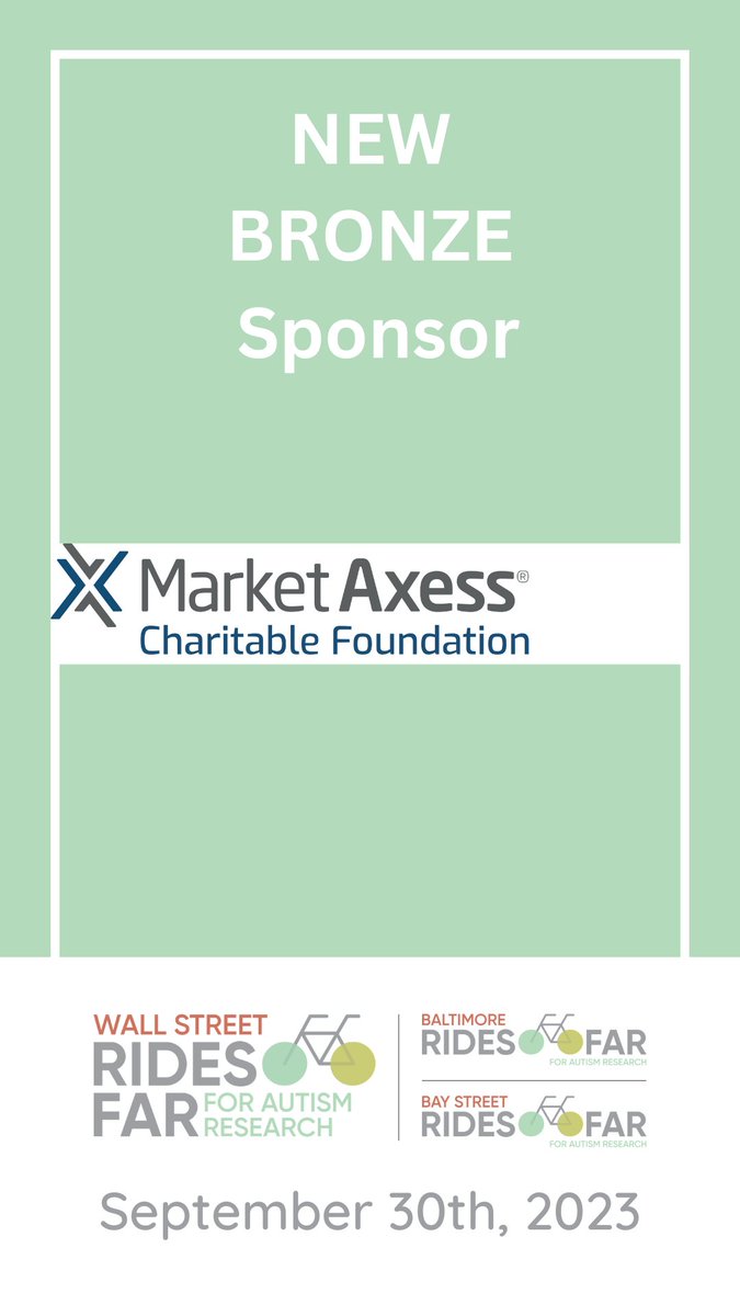 Join us in giving a huge thank you to #RidesFAR bronze sponsor, @MarketAxess ! Thank you for joining in the @AutismScienceFd mission to fund autism research that ensures those with autism lead fulfilling lives with dignity. See you in 2024!