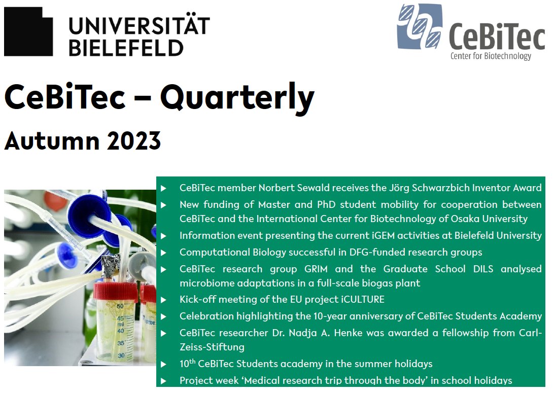 The autumn issue 🍁🍂 of the CeBiTec-Quarterly is out now and available here 👇👇👇👇👇👇 cebitec.uni-bielefeld.de/localmedia/dow… Thanks a lot to all contributors🙏 #CancerResearch; #iGEM; #student labs; #biotech