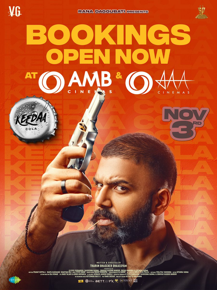 Set inka!! Go book your tickets right away. #KeedaaCola on Nov 3 at your nearest theatres! 👉 bit.ly/3Qyq85D #KeedaaColaOnNov3 @TharunBhasckerD @RanaDaggubati @VGSainma @VivekSudhanshuK @sripadnandiraj @UpendraVg @Mesaikrishna @KaushikNanduri @saregamasouth