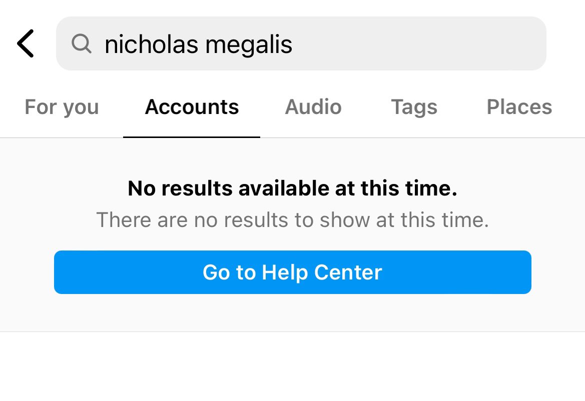 nicholasmegalis's tweet photo. Hi @instagram- my family’s last name- Megalis- is blocked on your app from being searched. Completely invisible. Everyone with our last name. Because the word “mega” is apparently a flagged term. I reported this glitch already but nobody has responded. Please help. 😞 https://t.co/lzQuXocHPi