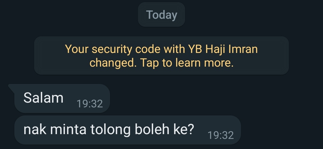 Imran_AbdHamid's tweet photo. [MAKLUMAN PENTING]

Salam. 

Untuk makluman, number telefon saya telah digodam.

Ada cubaan memohon bantuan dan meminjam sejumlah wang dari melalui aplikasi Whatsapp. Harap diabaikan dan maklumkan kepada rakan-rakan terdekat.

Memohon maaf atas segala kesulitan.

Terima kasih. https://t.co/psGyn9BDiJ